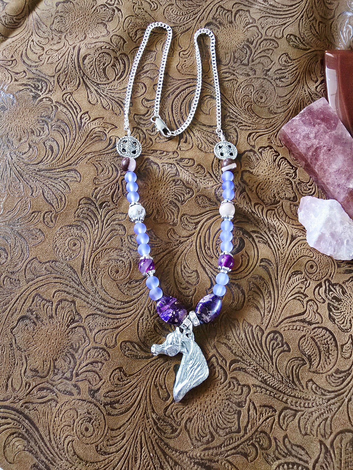 Pewter Arabian Horse Head Beaded Necklace — Purple Emperor Stone & Frosted Purple Chalcedony, 25"