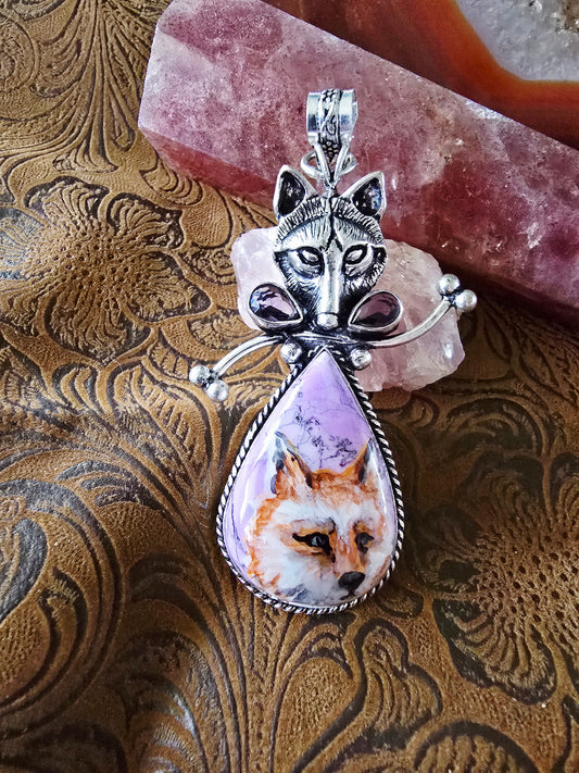 Hand-Painted Fox Portrait Pendant — Lavender Crazy Lace Agate — Fox-on-Fox