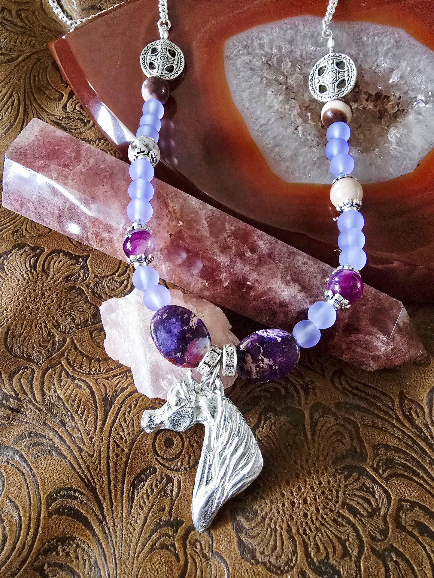 Pewter Arabian Horse Head Beaded Necklace — Purple Emperor Stone & Frosted Purple Chalcedony, 25"