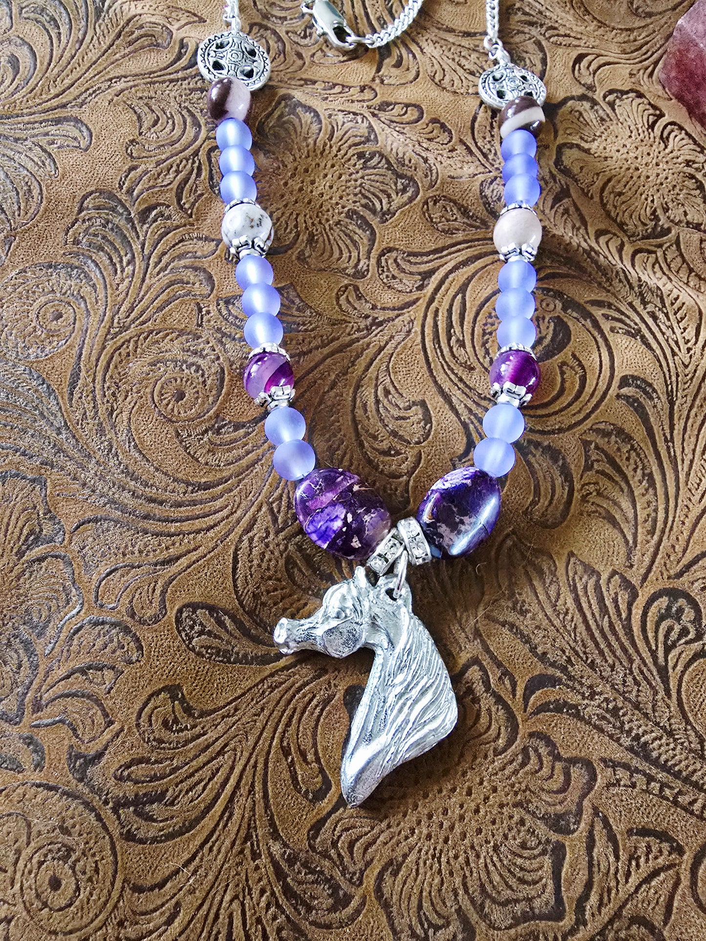 Pewter Arabian Horse Head Beaded Necklace — Purple Emperor Stone & Frosted Purple Chalcedony, 25"