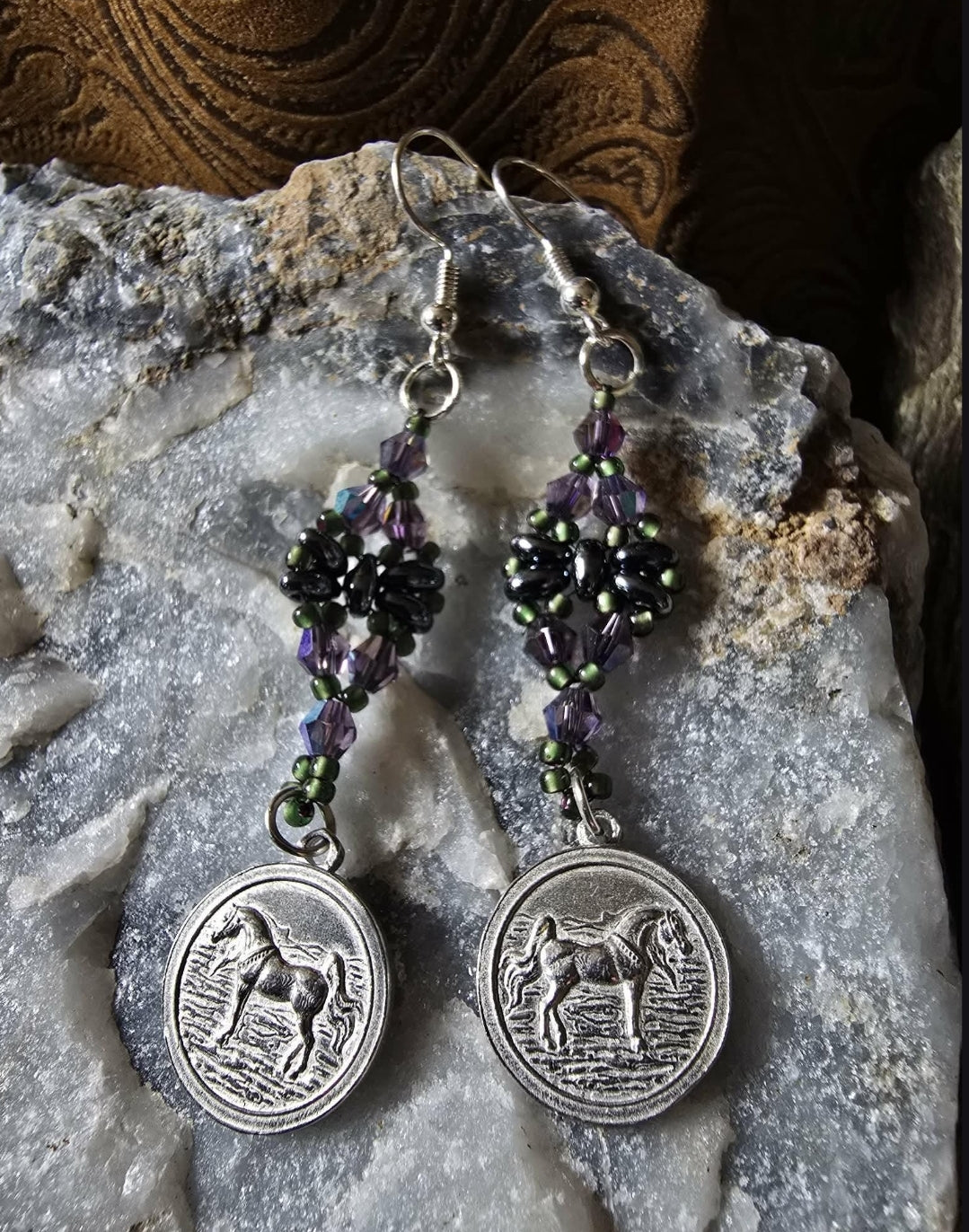 Luxury Beaded Arabian Horse Earrings Purple Swarovski Crystals Pewter Charms