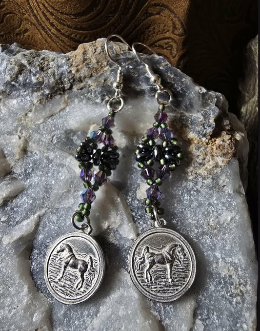 Luxury Beaded Arabian Horse Earrings Purple Swarovski Crystals Pewter Charms