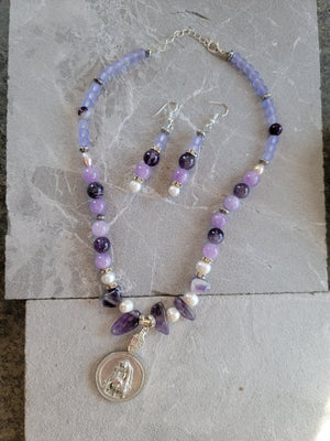 Arabian Horse Pewter Medallion Amethyst Pearl & Sea Glass Necklace and Earring Set