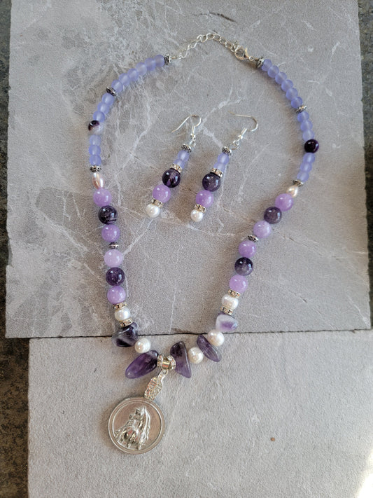 Arabian Horse Pewter Medallion Amethyst Pearl & Sea Glass Necklace and Earring Set