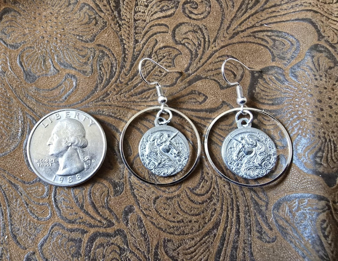 Pewter Unicorn Hoop Earrings Fantasy Horse Jewelry