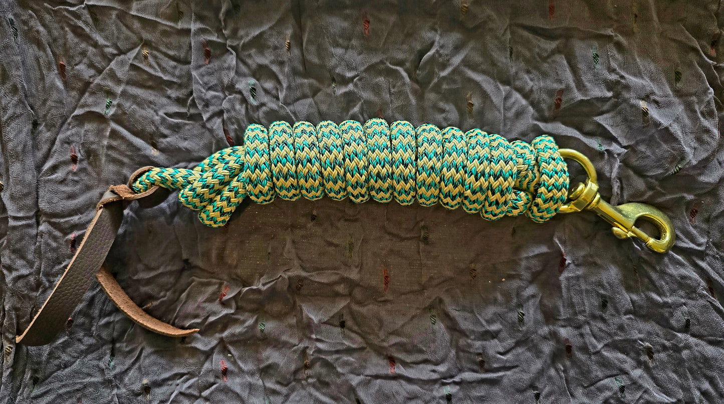Handcrafted 10' Lead Rope with Leather Popper — Tan, Turquoise & Black