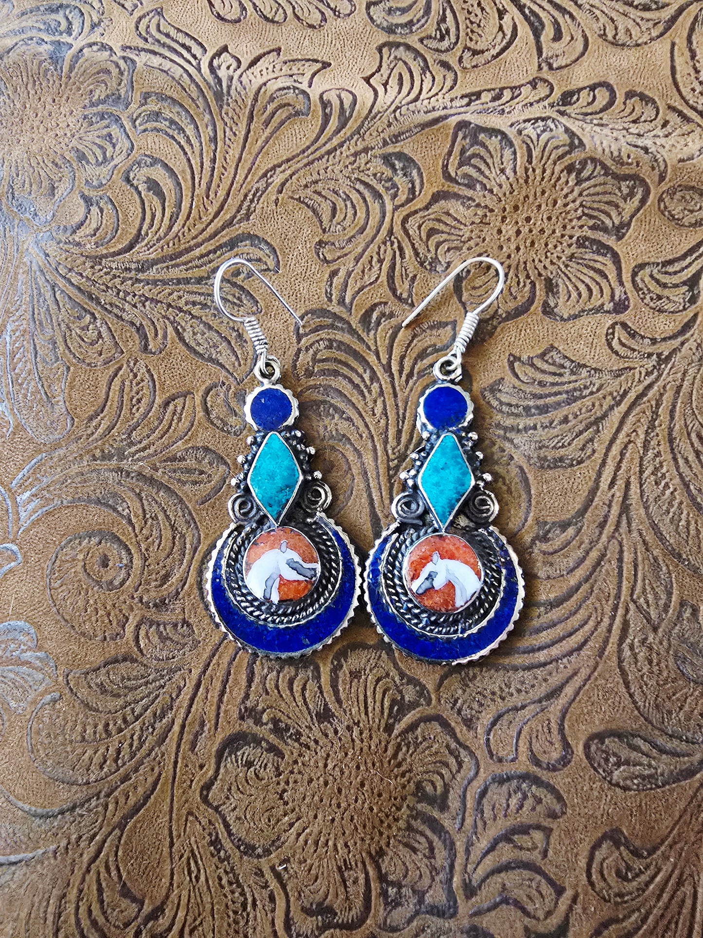Hand-Painted Arabian Horse Earrings — Lapis, Turquoise & Coral Inlay — Tibetan Style