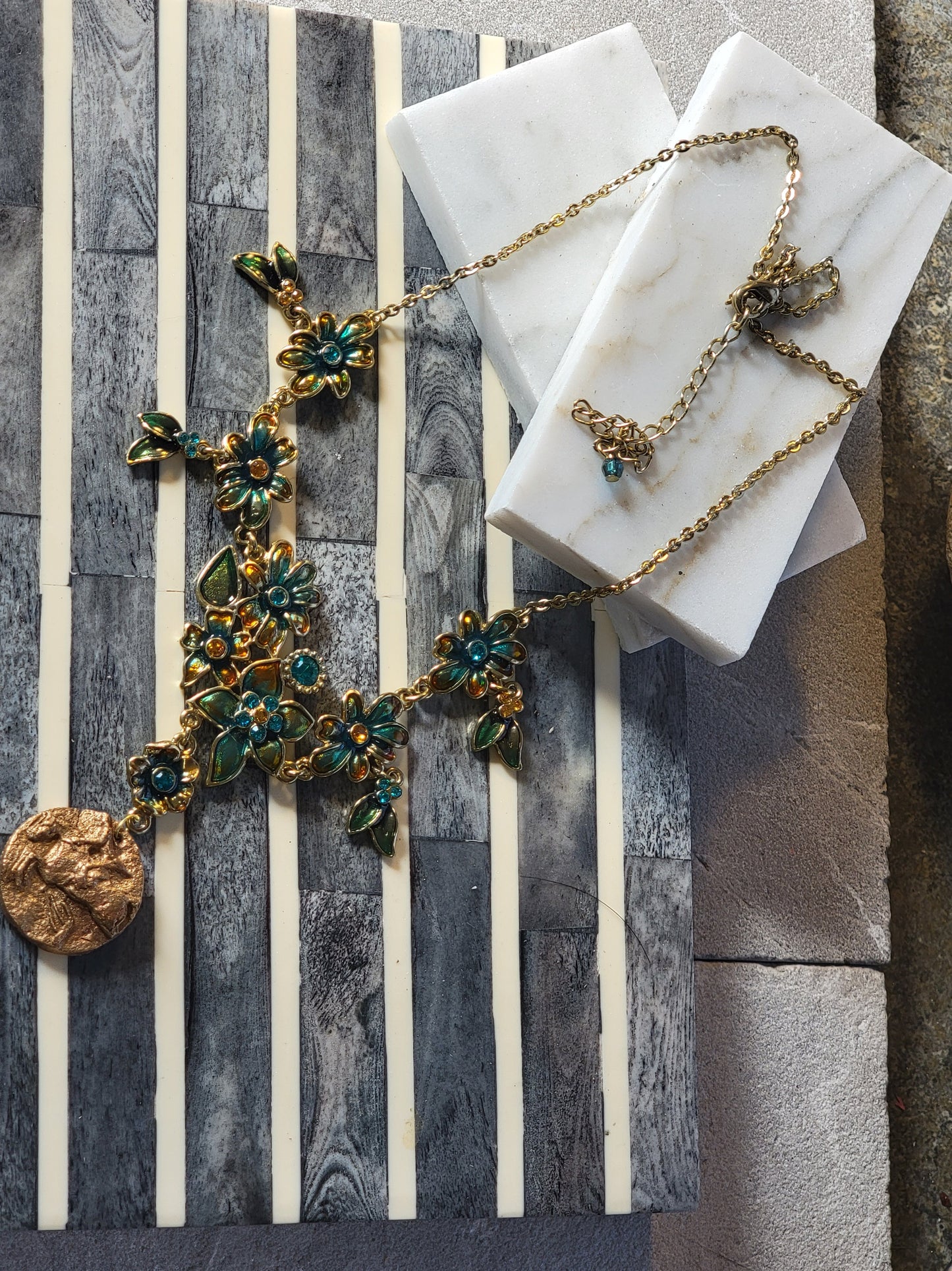 Hunter Jumper Bronze Clay & Teal Enamel Floral Necklace