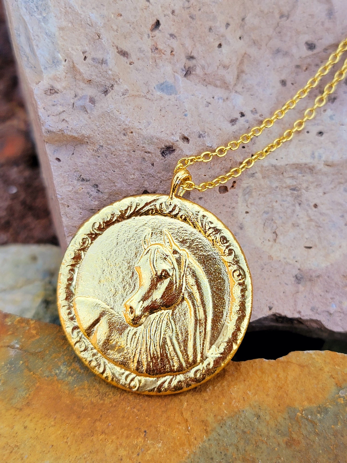 18K Gold Plated Arabian Horse Coin Medallion Necklace