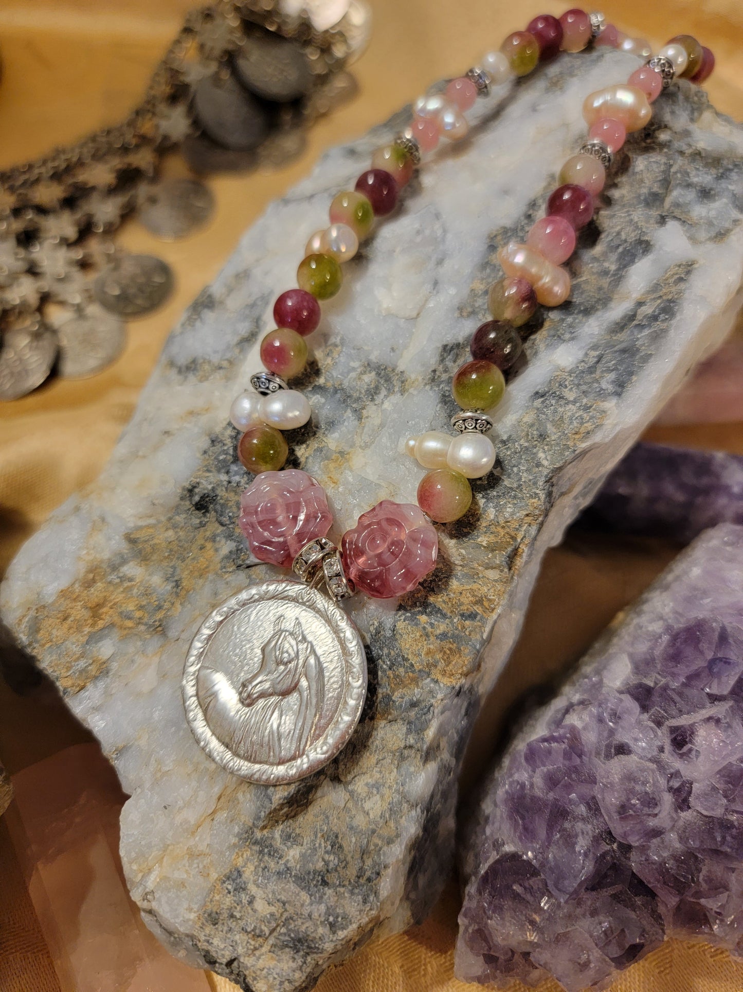 Arabian Horse Sterling Silver Necklace — Rose Quartz, Biwa Pearls & Pink Tourmaline