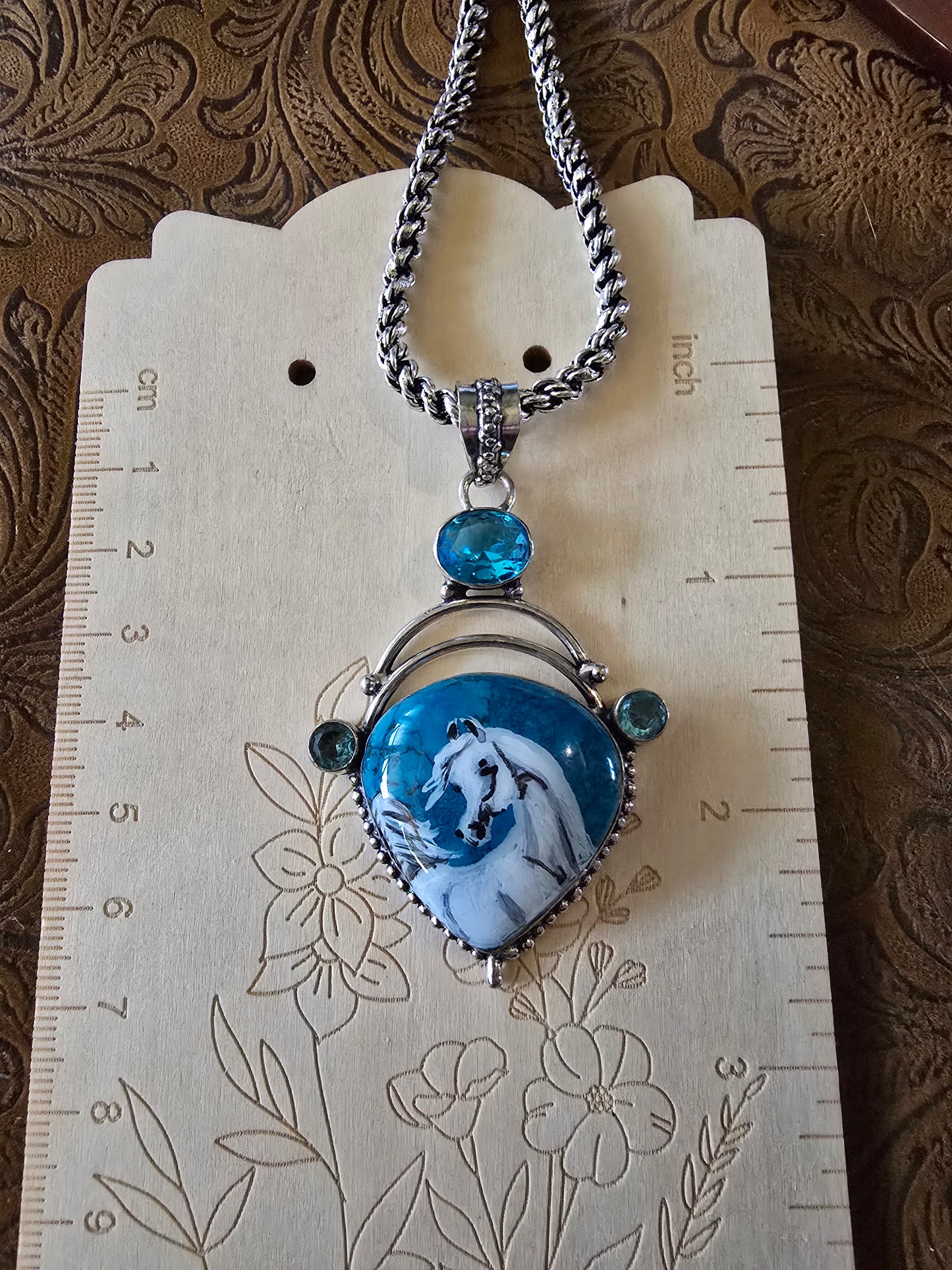 Turquoise and Topaz Sterling Silver Hand Painted Arabian Horse necklace