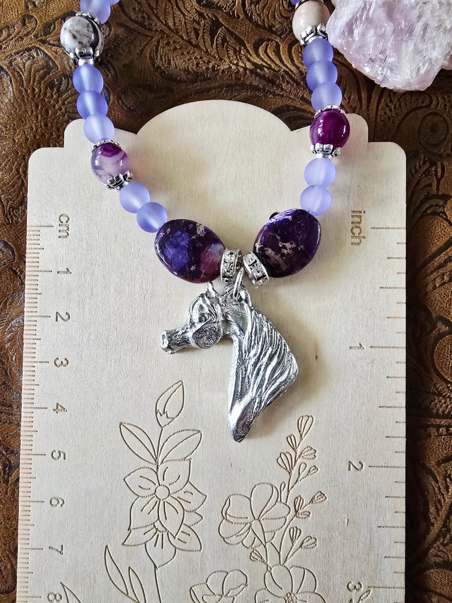 Pewter Arabian Horse Head Beaded Necklace — Purple Emperor Stone & Frosted Purple Chalcedony, 25"