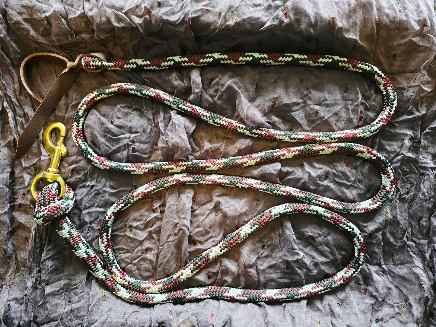Handcrafted 10' Lead Rope with Leather Popper — Black, Burgundy & Gray
