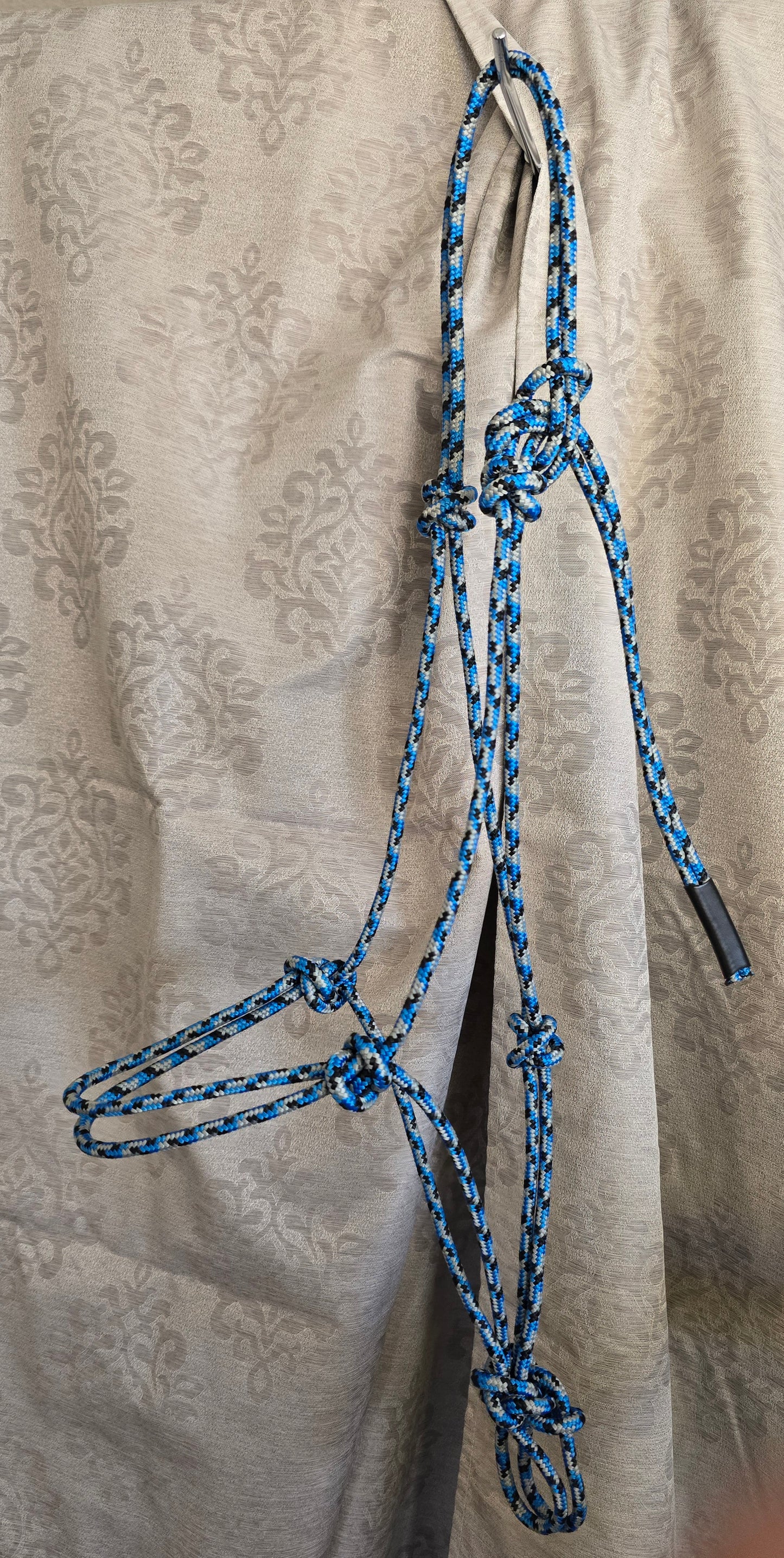 Handmade Arabian Rope Halter & Lead Rope Set — Blue/Black/Grey & Solid Blue, 10' Brass Snap