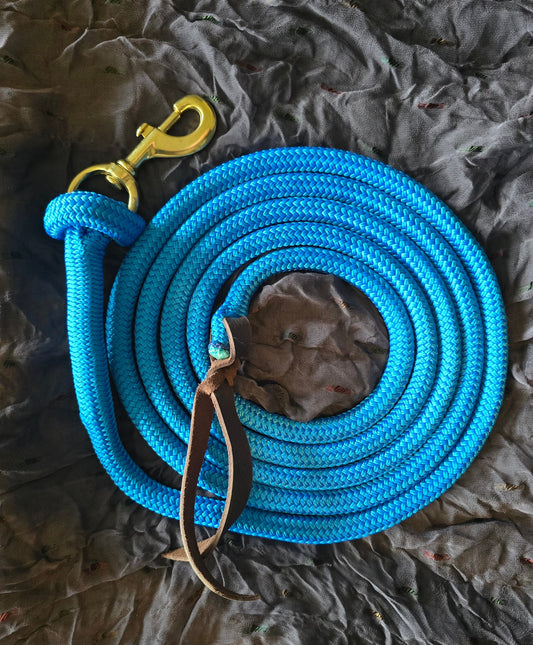Handcrafted 10' Lead Rope with Leather Popper — Sky Blue
