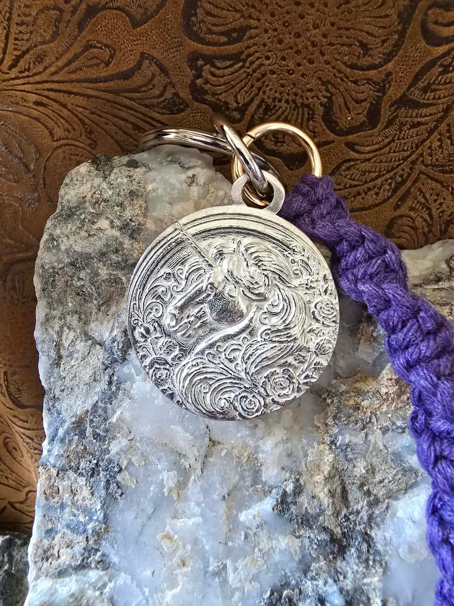 Unicorn Pewter Pendant Keychain Key Ring Macrame Lanyard