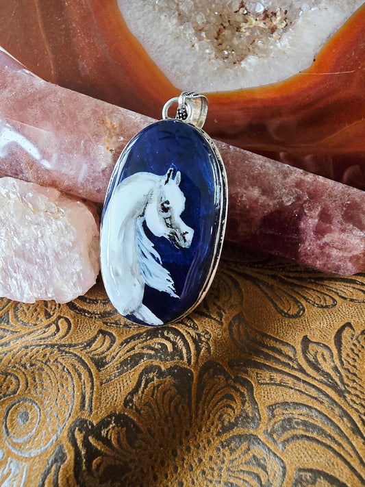 Hand-Painted Arabian Horse Pendant — Deep Blue Labradorite