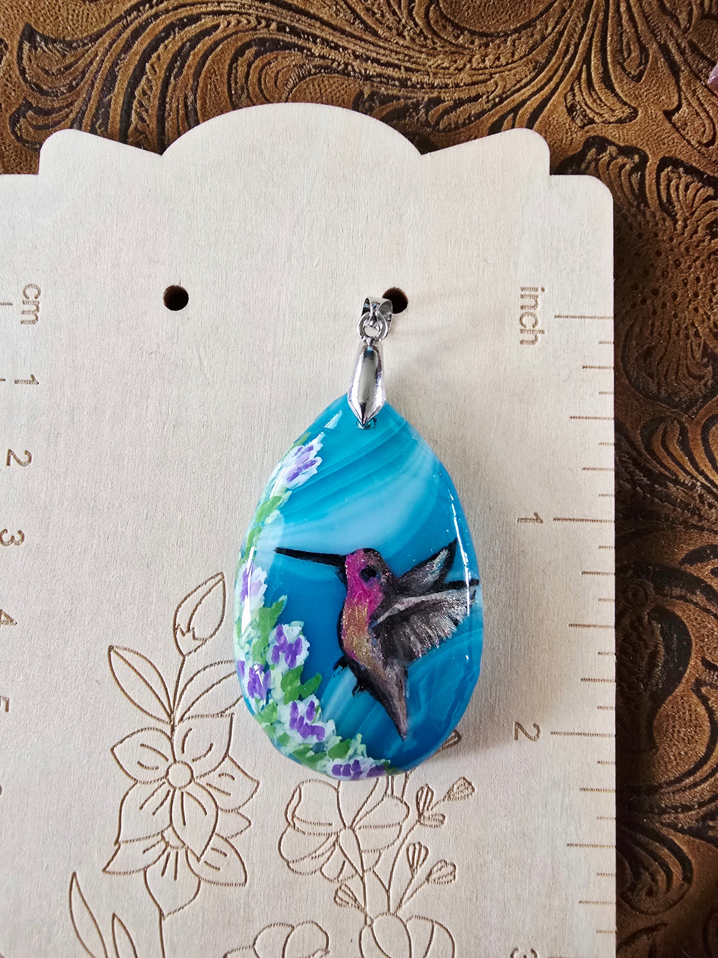 Hand-Painted Hummingbird Pendant — Turquoise Blue Dyed Brazilian Agate