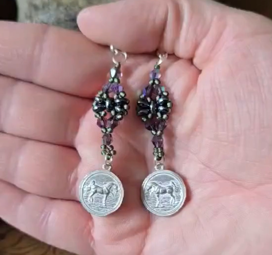 Luxury Beaded Arabian Horse Earrings Purple Swarovski Crystals Pewter Charms