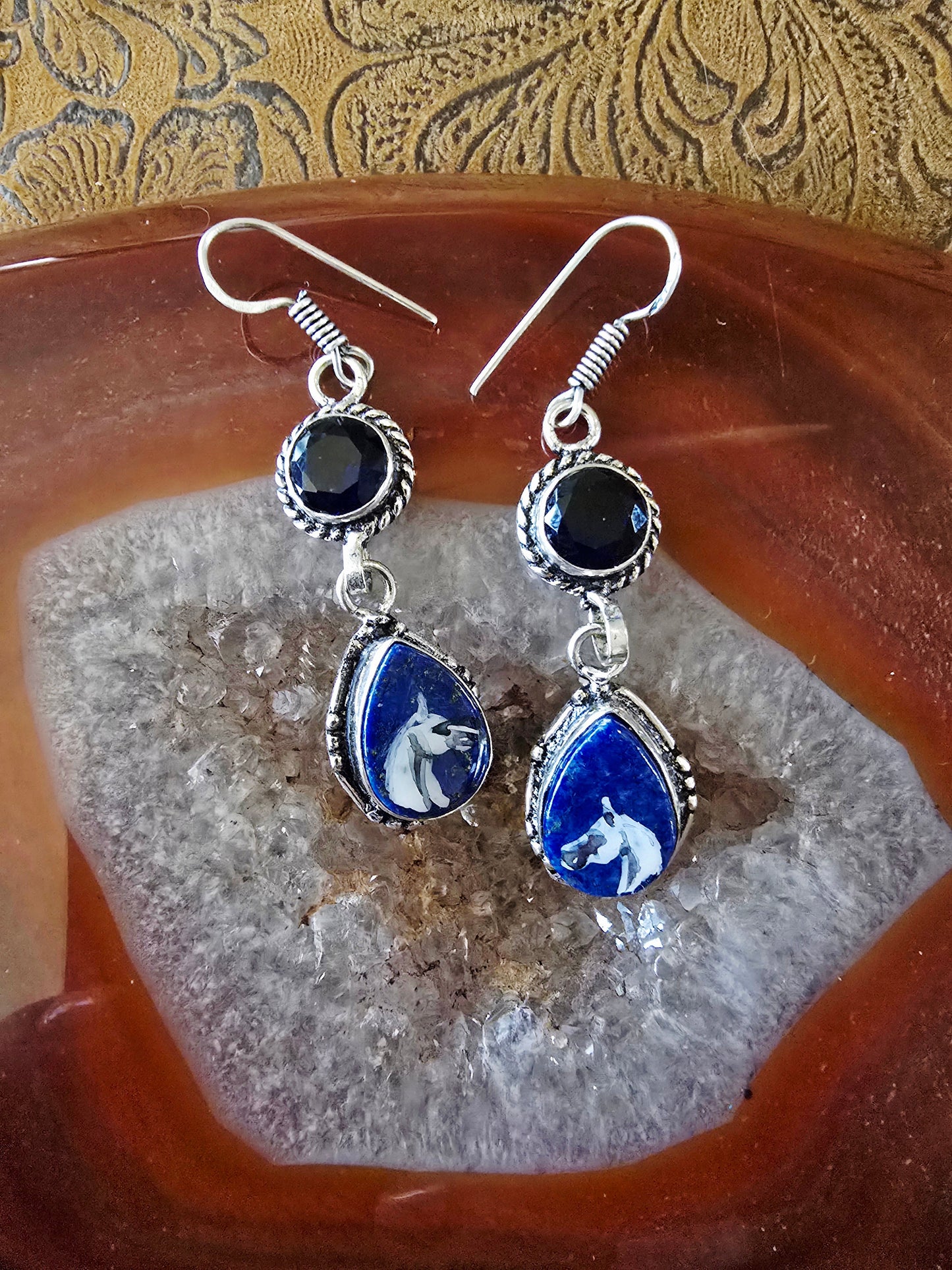 Hand-Painted Arabian Horse Earrings — Lapis Lazuli & Black Sapphire