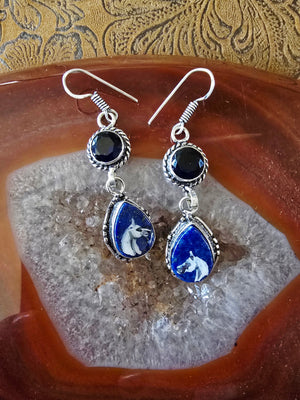 Hand-Painted Arabian Horse Earrings — Lapis Lazuli & Black Sapphire