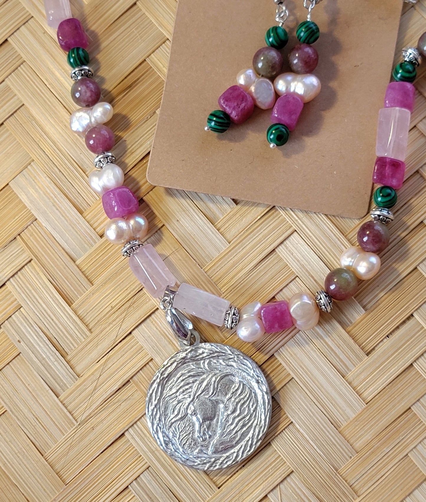 Pewter Arabian Horse Rose Quartz Gemstone Necklace Set earrings