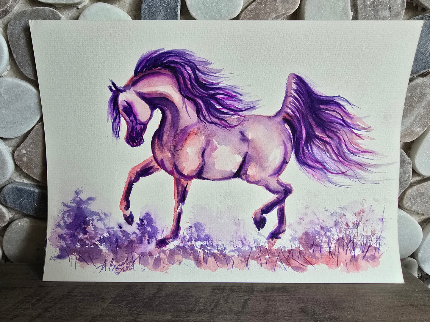 Original Watercolor — Arabian Horse with Purple Mane in Wildflower Meadow, approx. 9x12"