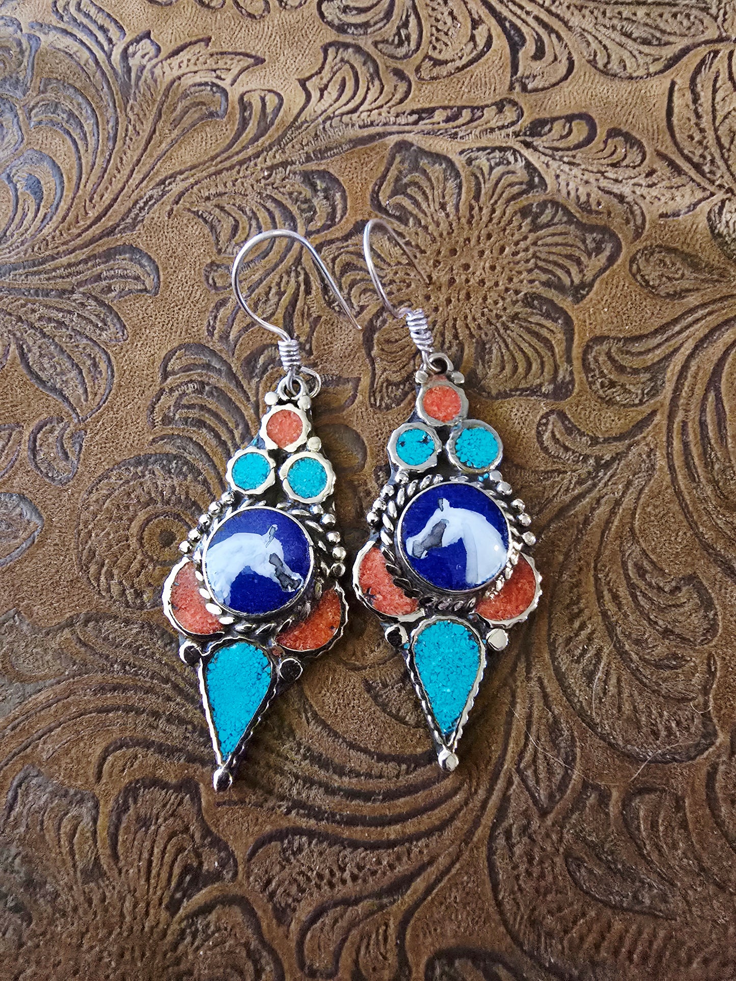 Hand-Painted Arabian Horse Sterling Silver Earrings — Lapis, Coral & Turquoise Inlay