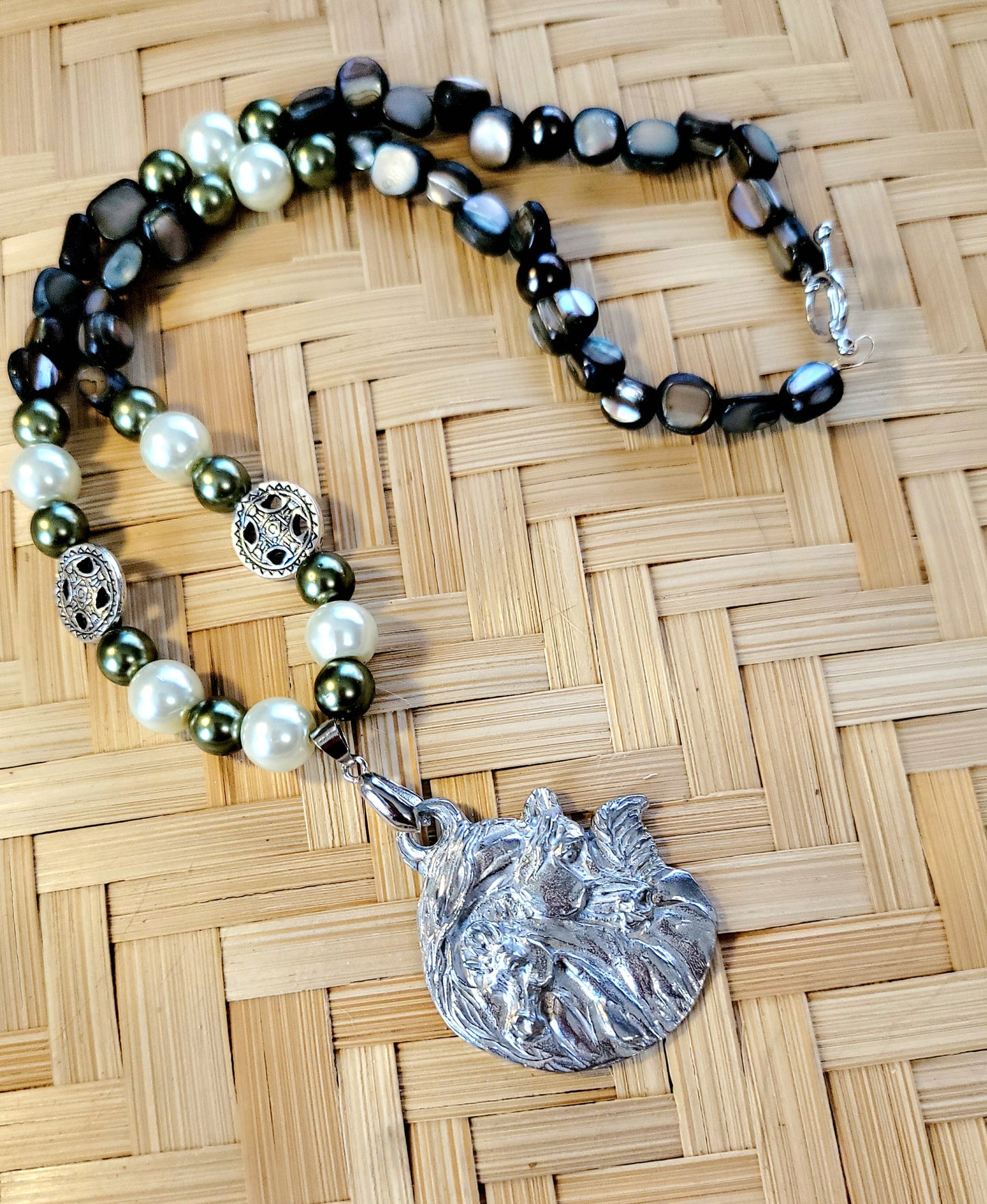 Pewter Arabian Mare and Foal Gemstone Necklace set earrings