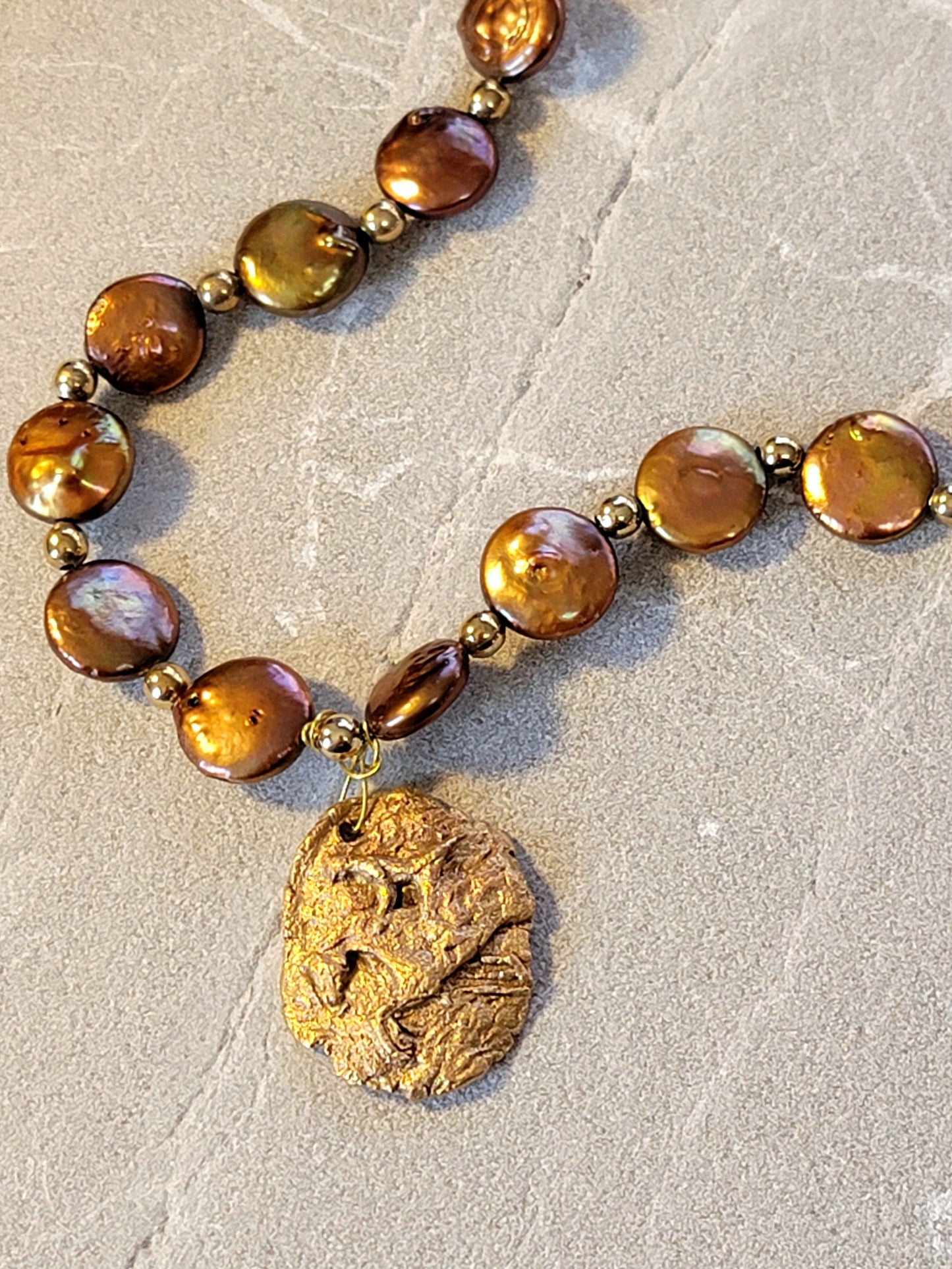 Hand Sculpted Bronze Hunter Jumper Pendant Copper Pearl Necklace