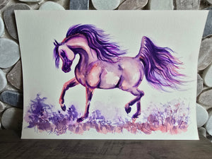 Original Watercolor — Arabian Horse with Purple Mane in Wildflower Meadow, approx. 9x12"