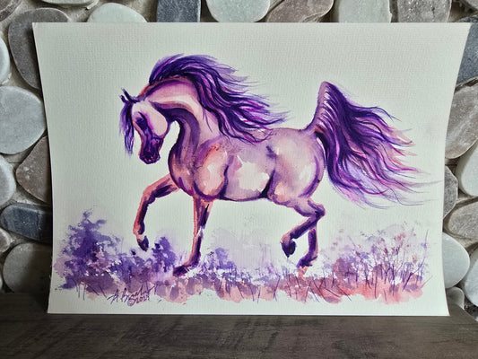 Original Watercolor — Arabian Horse with Purple Mane in Wildflower Meadow, approx. 9x12"