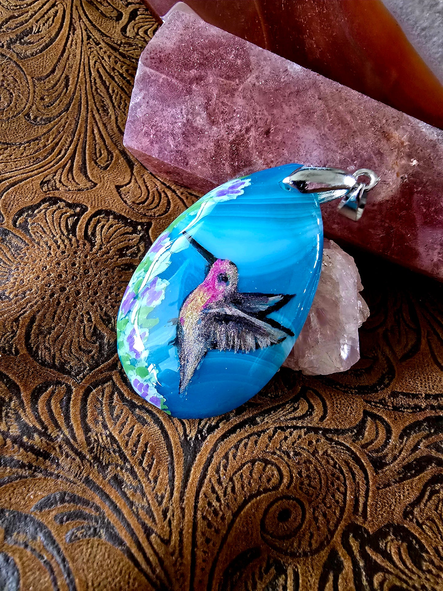 Hand-Painted Hummingbird Pendant — Turquoise Blue Dyed Brazilian Agate