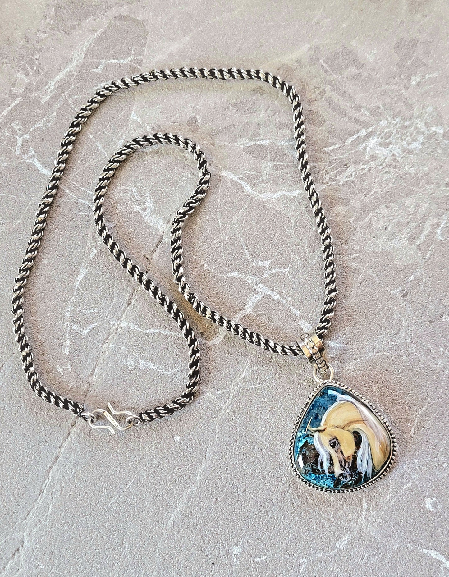 Hand Painted Palomino Horse Chrysocolla Sterling Silver Necklace