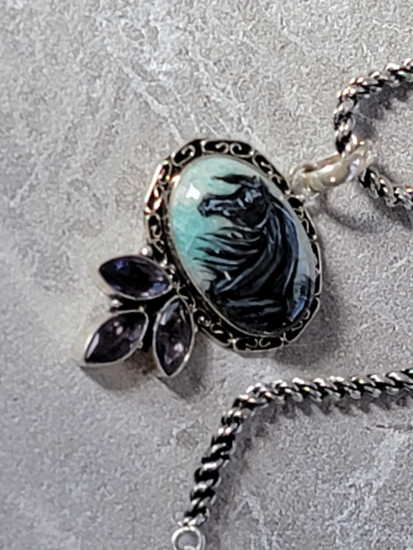 Black Arabian Horse Hand Painted Gemstone Sterling Silver Necklace