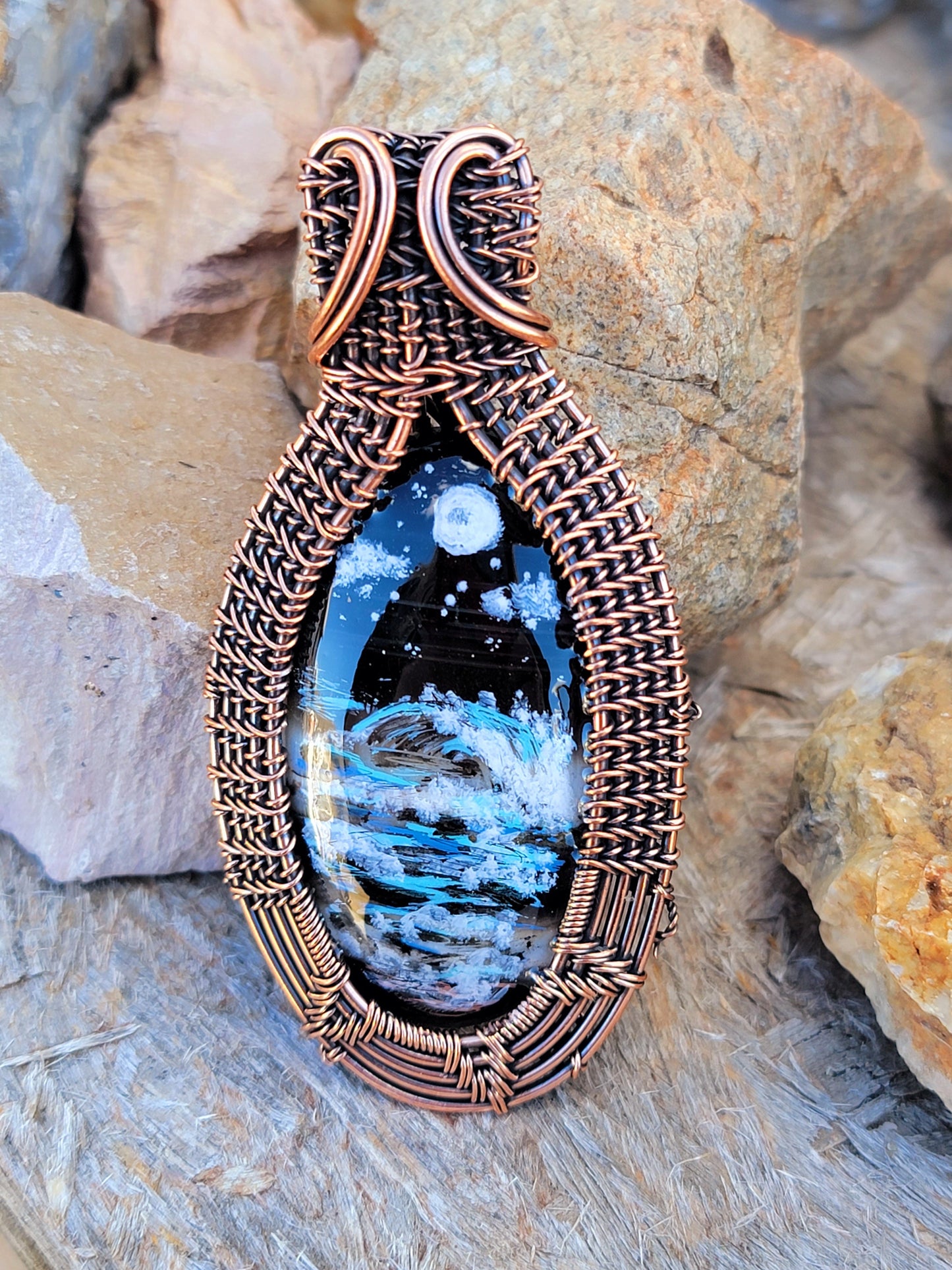 Hand-Painted Moonlit Ocean Copper Wire Wrapped Agate Pendant