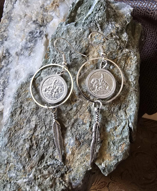 Reining Horse Hoop and Feather Earrings pewter and stainless steel