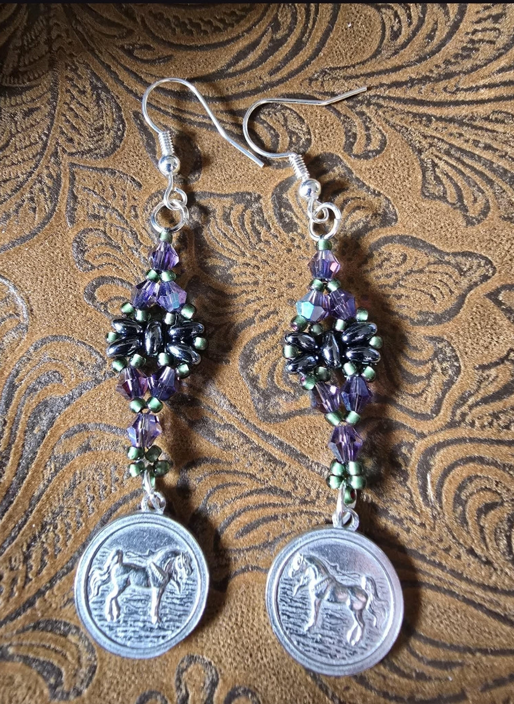 Luxury Beaded Arabian Horse Earrings Purple Swarovski Crystals Pewter Charms