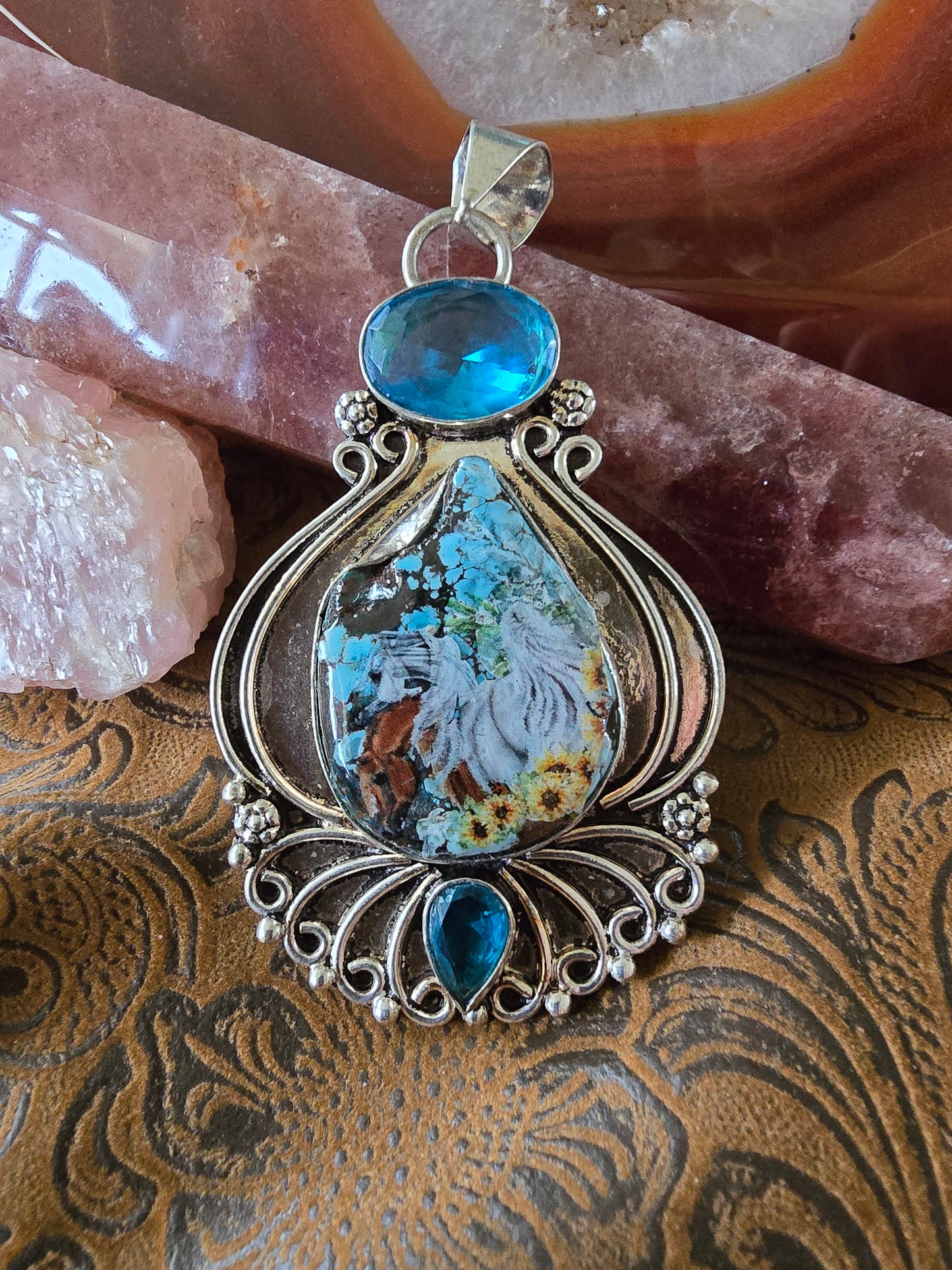Horse Decal Pendant — Turquoise Matrix Cabochon in Silver Filigree Setting — As-Is
