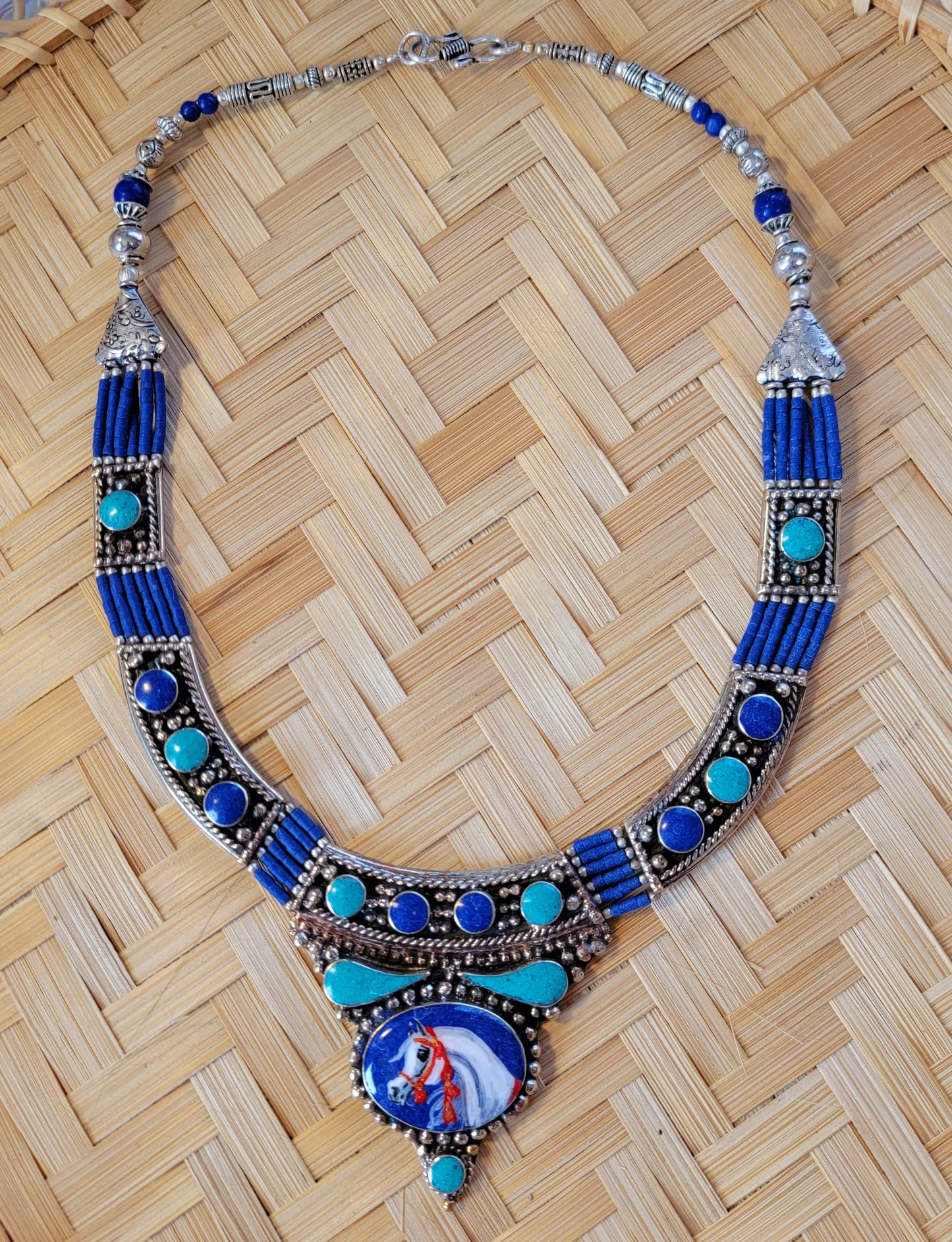 Sterling Silver Bedouin tribal Necklace Hand Painted Arabian Horse