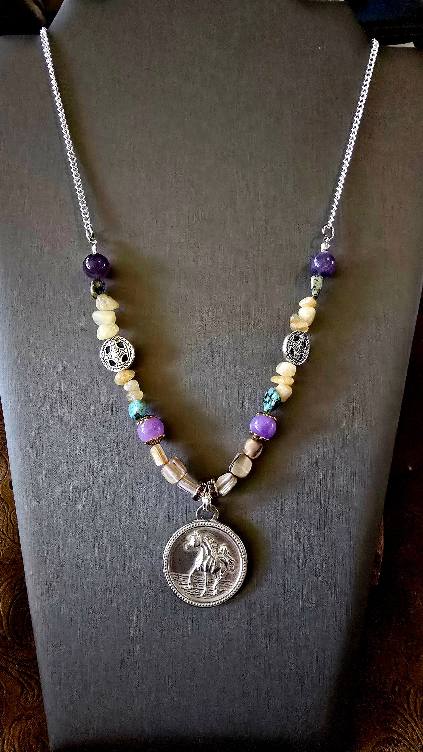 Pewter Arabian Horse Medallion Necklace — Amethyst, African Turquoise, Pearl & Citrine Gemstones, 24"