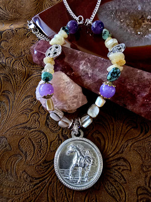 Pewter Arabian Horse Medallion Necklace — Amethyst, African Turquoise, Pearl & Citrine Gemstones, 24"