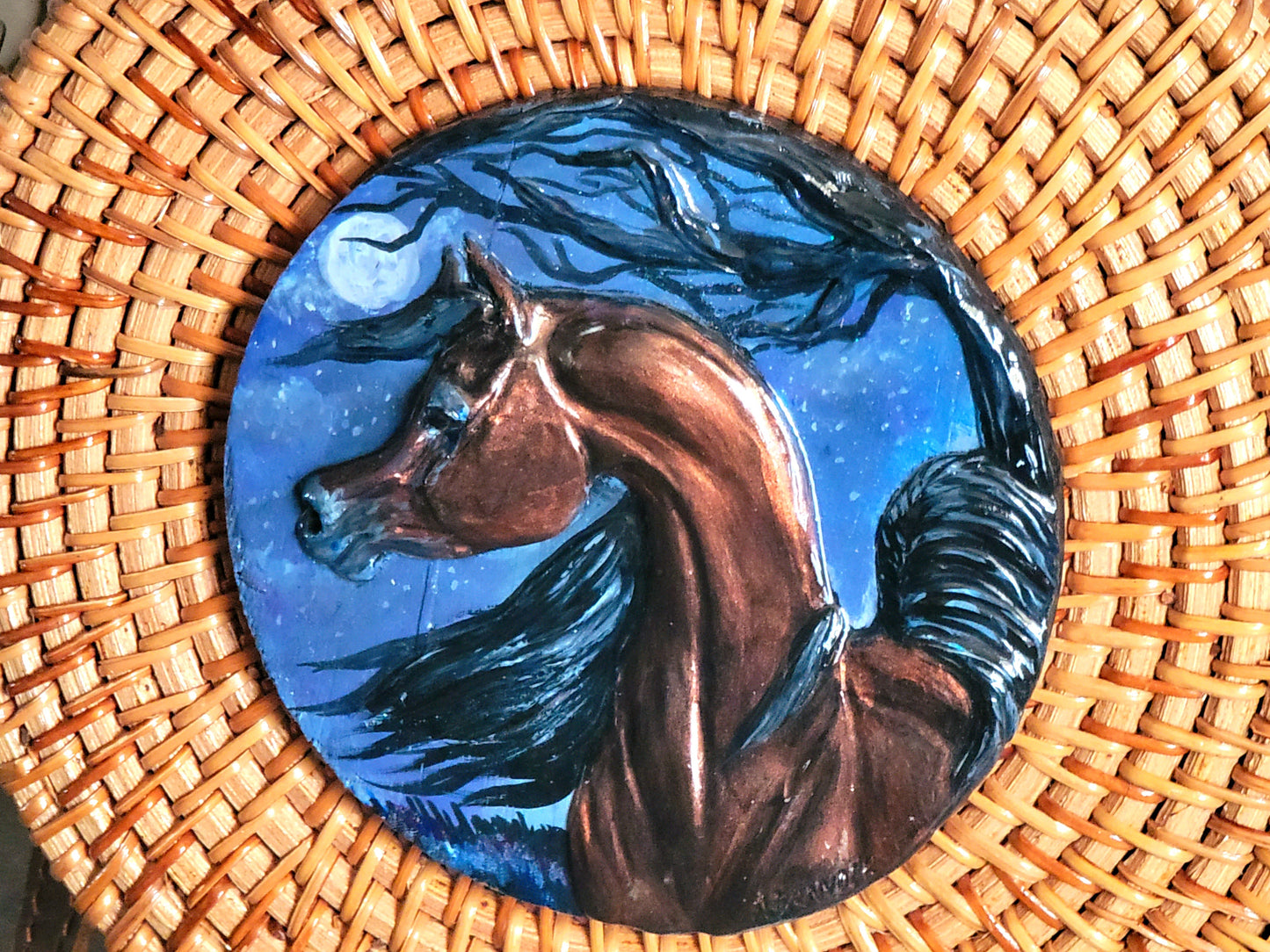 Moonlit Arabian — Hand-Painted, Hand Sculpted Vintage Rattan Crossbody Bag