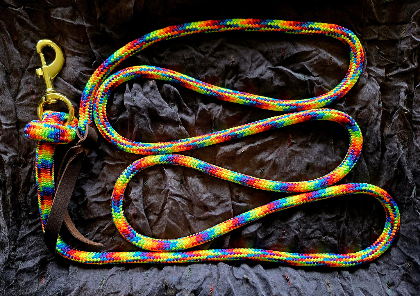 Handcrafted 10' Lead Rope with Leather Popper — Rainbow