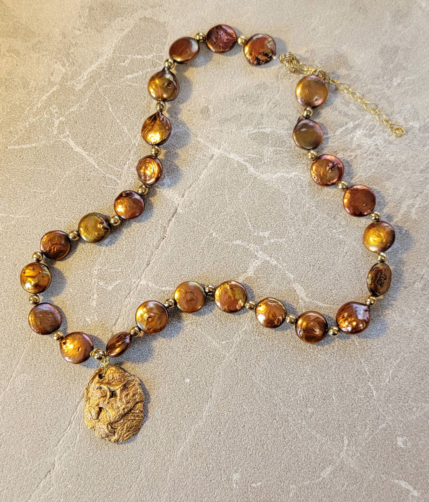Hand Sculpted Bronze Hunter Jumper Pendant Copper Pearl Necklace
