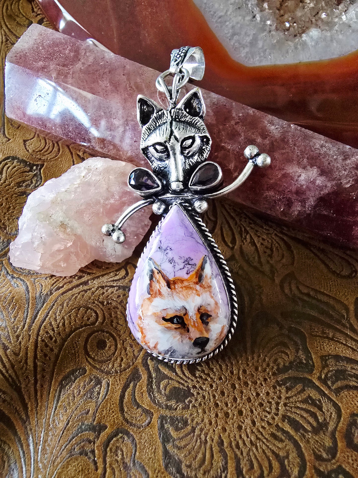 Hand-Painted Fox Portrait Pendant — Lavender Crazy Lace Agate — Fox-on-Fox