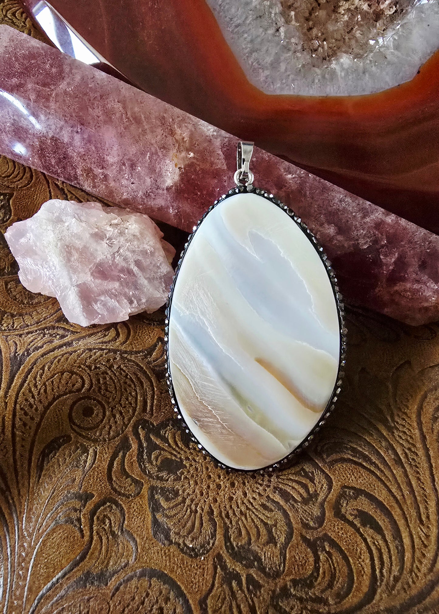 Hand-Painted Arabian Horse Pendant — Natural Abalone Shell with Pave Crystal Bezel