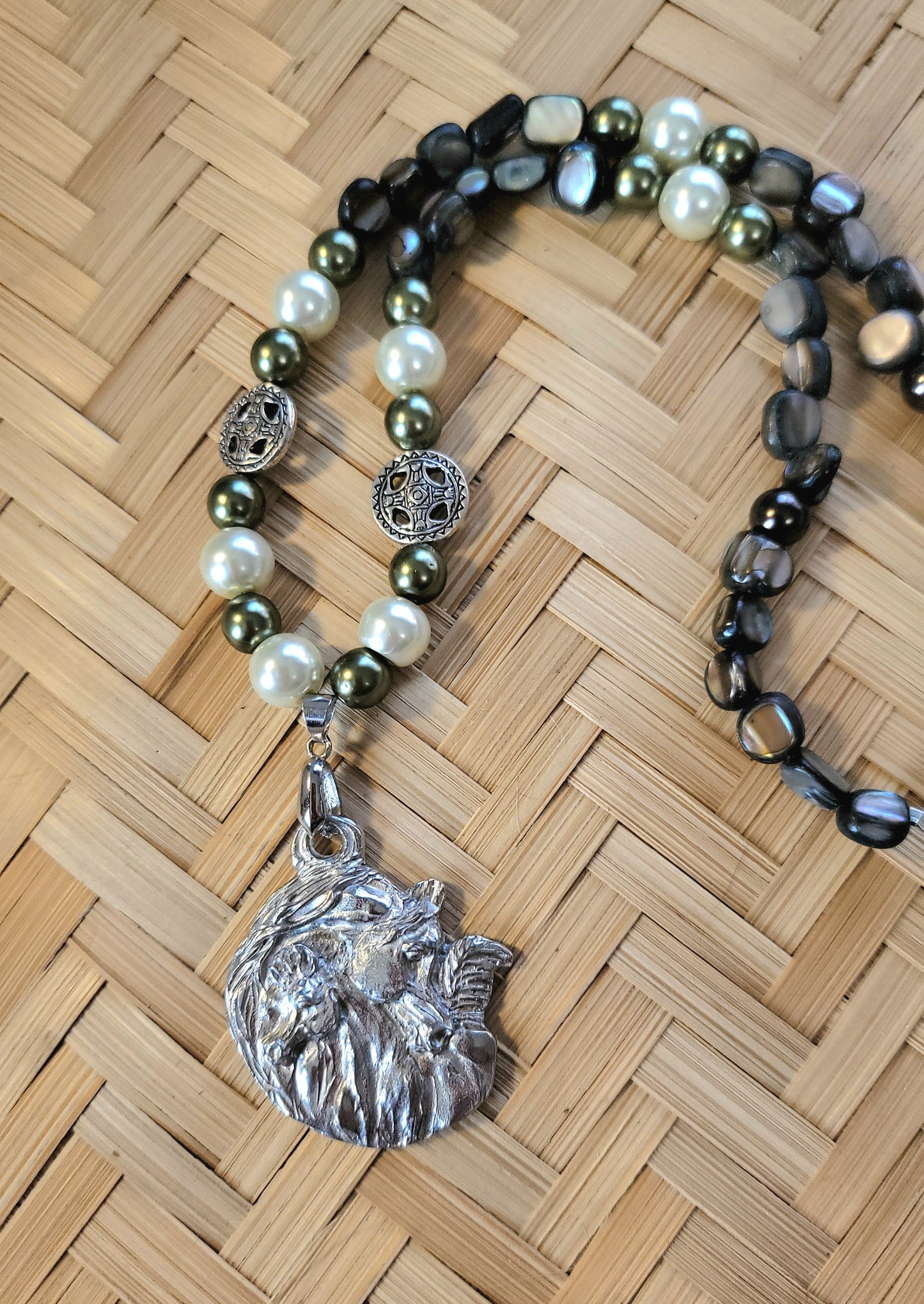 Pewter Arabian Mare and Foal Gemstone Necklace set earrings