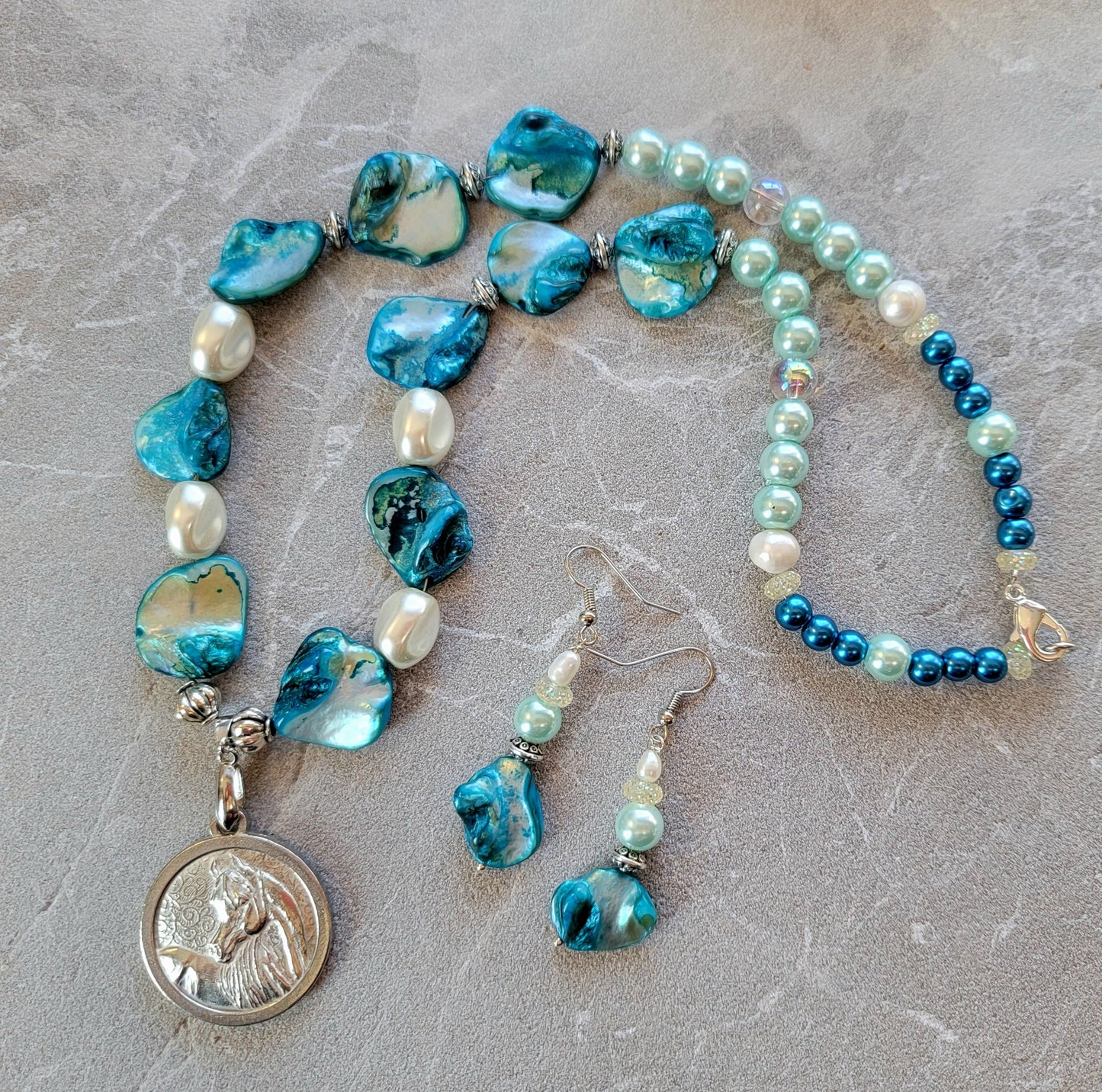 Pewter Horse Medallion Teal Shell & Pearl Necklace and Earring Set