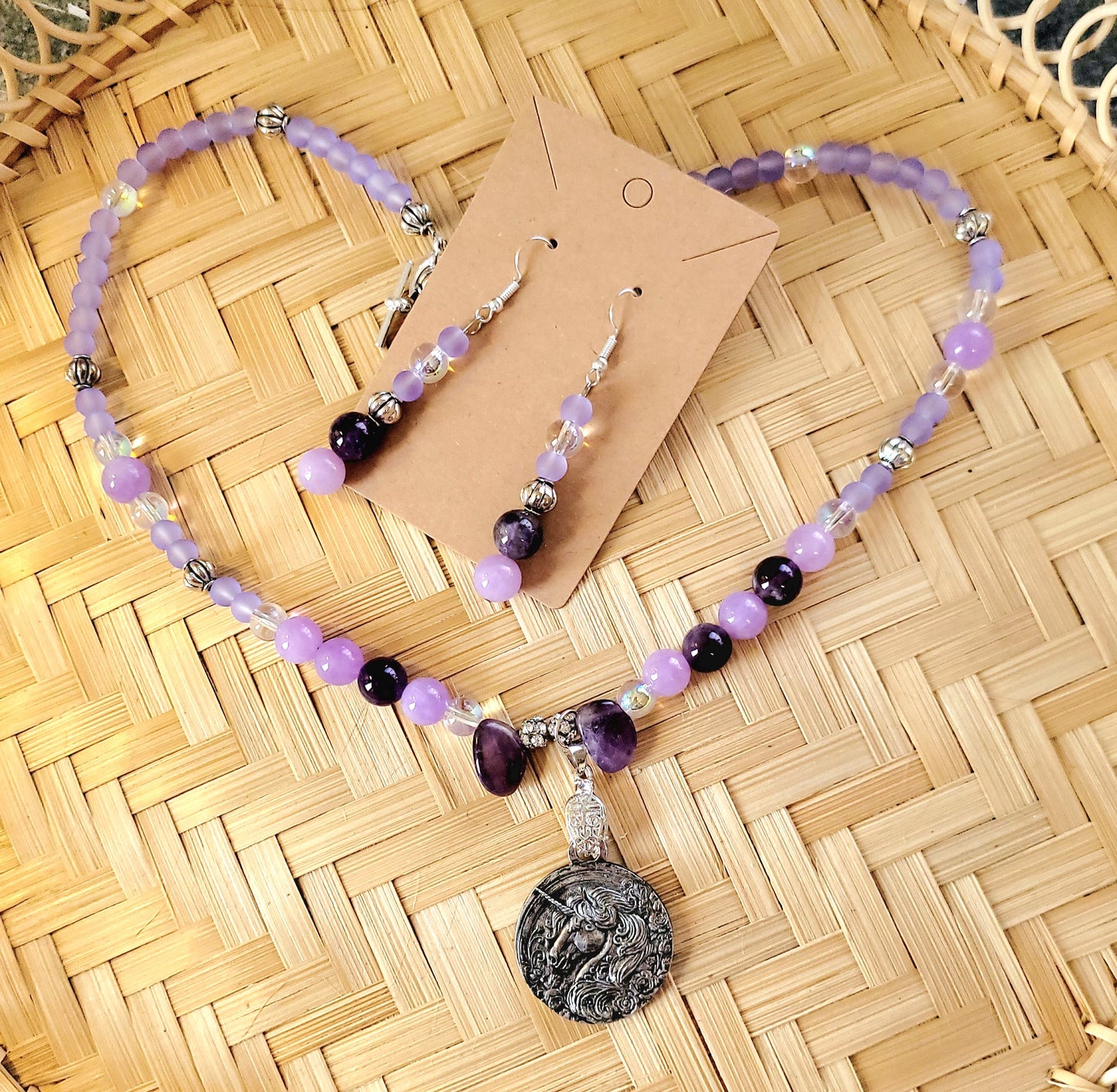 Beaded Unicorn Horse Pewter Necklace set